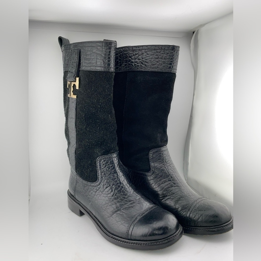 Tory Burch Corey Mid Calf Flat Leather Embossed Black  Suede Boots Size 7M​​​​​​ - Picture 12 of 13